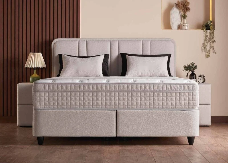 Casa Padrino Luxus Boxspringbett mit gerahmtem Kopfteil Creme 140 x 200 cm - Luxus Schlafzimmer Möbel