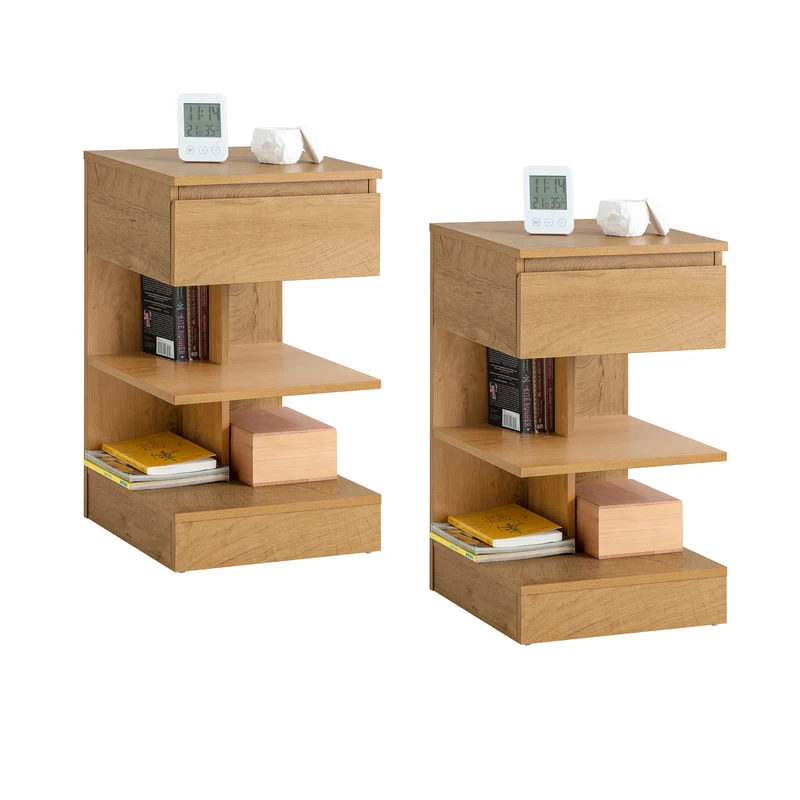 SoBuy FBT49-Nx2 Yöpöydät 2 kpl – Moderni yöpöytä setti laatikolla ja hyllyillä, luonnonväri, 39 x 39 x 65 cm