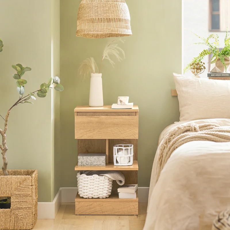 SoBuy FBT49-Nx2 Yöpöydät 2 kpl – Moderni yöpöytä setti laatikolla ja hyllyillä, luonnonväri, 39 x 39 x 65 cm