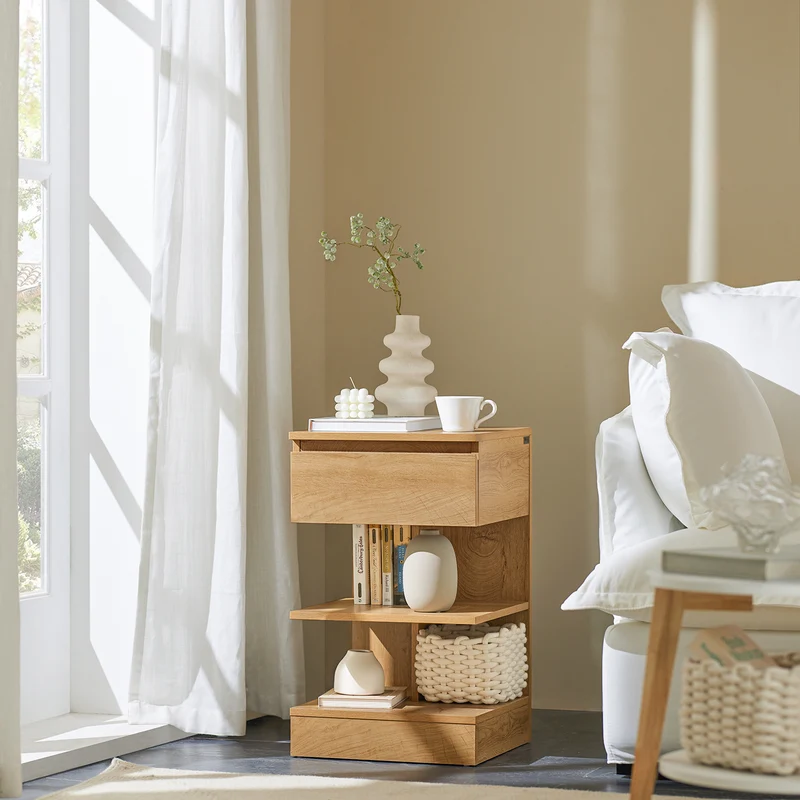 SoBuy FBT49-Nx2 Yöpöydät 2 kpl – Moderni yöpöytä setti laatikolla ja hyllyillä, luonnonväri, 39 x 39 x 65 cm