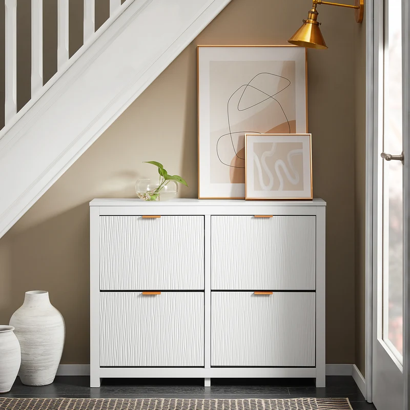 SoBuy FSR186-II-W Kapea kenkäkaappi eteiseen – 4 alas kääntyvää ovea, suuri säilytystila, valkoinen, 104 × 23 × 82 cm