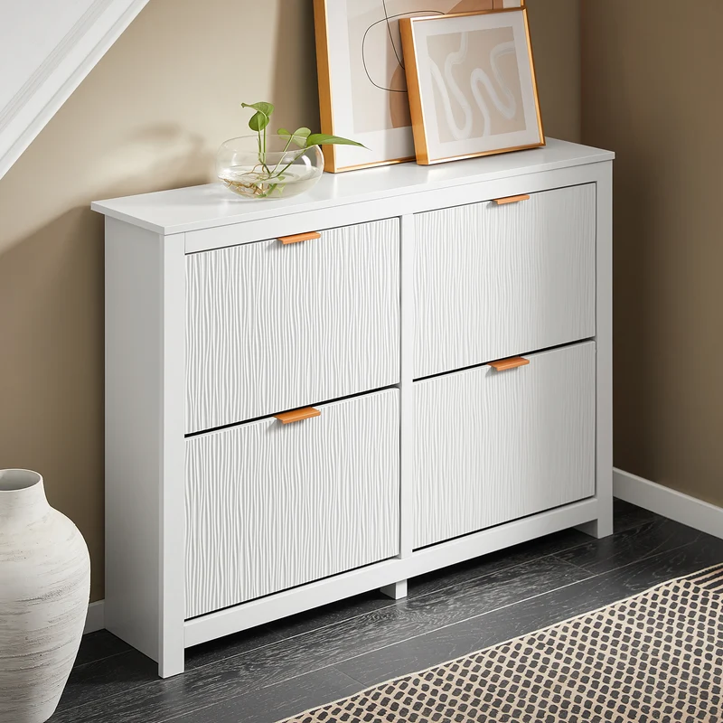 SoBuy FSR186-II-W Kapea kenkäkaappi eteiseen – 4 alas kääntyvää ovea, suuri säilytystila, valkoinen, 104 × 23 × 82 cm