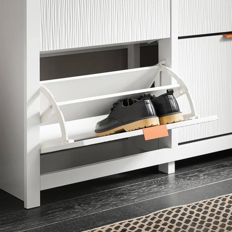 SoBuy FSR186-II-W Kapea kenkäkaappi eteiseen – 4 alas kääntyvää ovea, suuri säilytystila, valkoinen, 104 × 23 × 82 cm