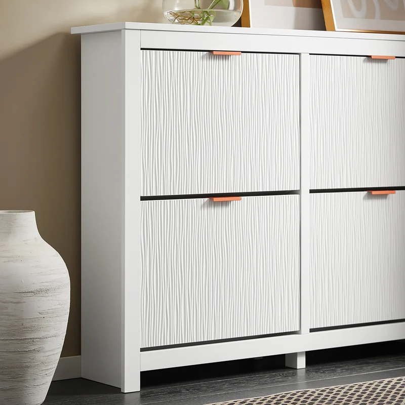 SoBuy FSR186-II-W Kapea kenkäkaappi eteiseen – 4 alas kääntyvää ovea, suuri säilytystila, valkoinen, 104 × 23 × 82 cm