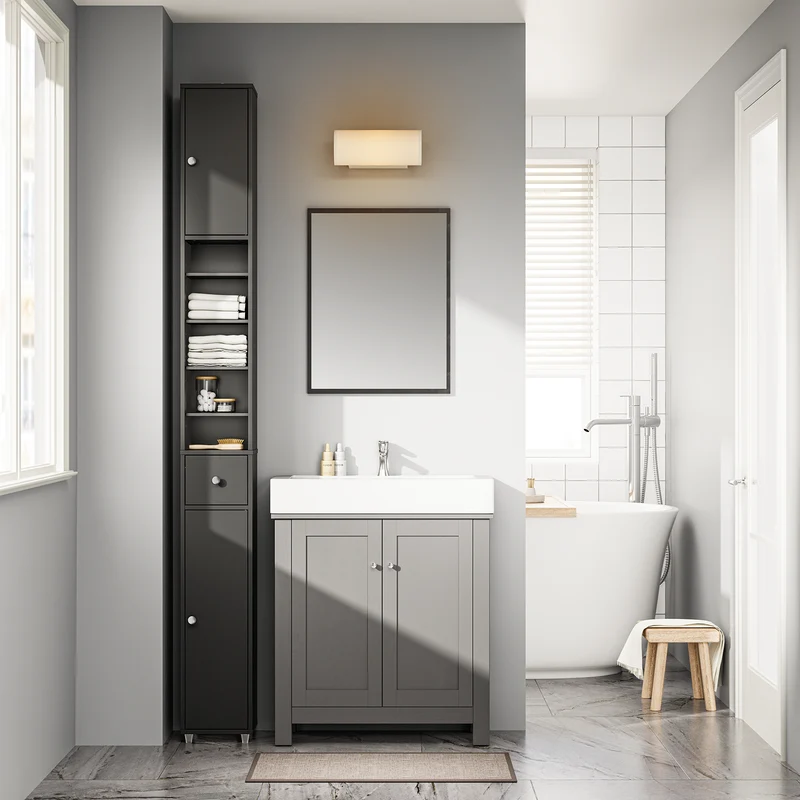 SoBuy BZR34-II-SCH Kapea Kylpyhuoneen Säilytyskaappi, 20×20×180 cm – Säädettävät Hyllyt ja Vetolaatikko, Kosteutta Kestävä Tilansäästökaappi WC:hen, Kylpyhuoneeseen tai Toimistoon – Musta