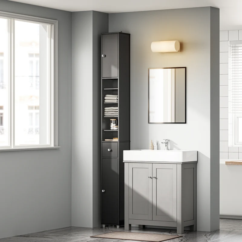 SoBuy BZR34-II-SCH Kapea Kylpyhuoneen Säilytyskaappi, 20×20×180 cm – Säädettävät Hyllyt ja Vetolaatikko, Kosteutta Kestävä Tilansäästökaappi WC:hen, Kylpyhuoneeseen tai Toimistoon – Musta
