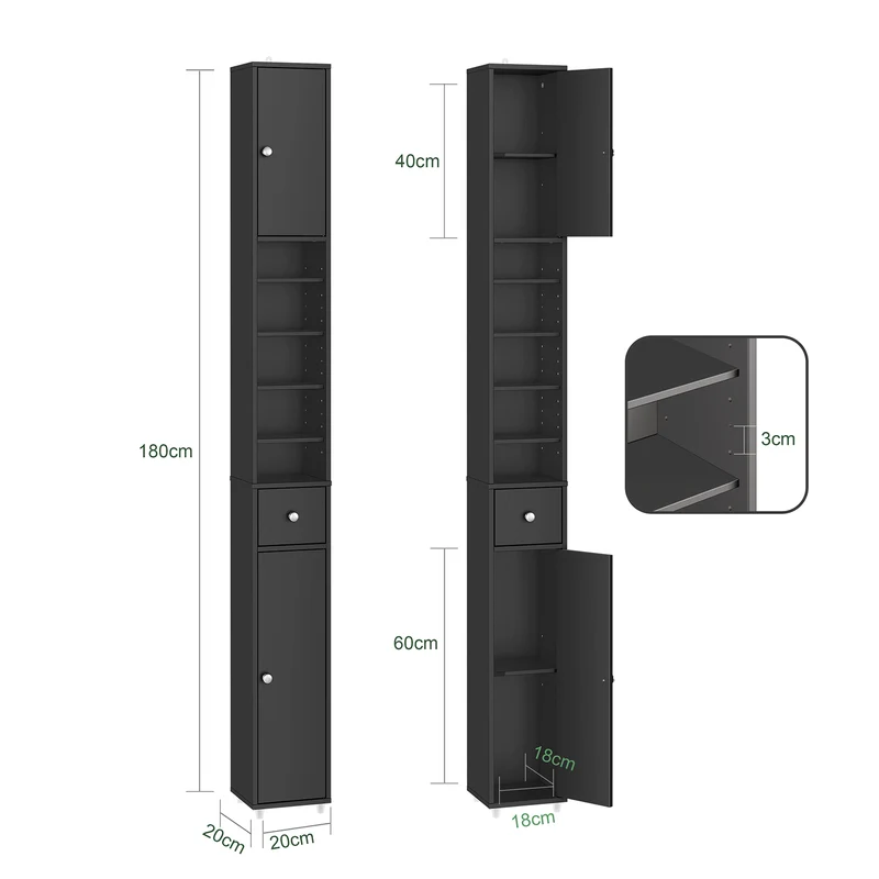 SoBuy BZR34-II-SCH Kapea Kylpyhuoneen Säilytyskaappi, 20×20×180 cm – Säädettävät Hyllyt ja Vetolaatikko, Kosteutta Kestävä Tilansäästökaappi WC:hen, Kylpyhuoneeseen tai Toimistoon – Musta