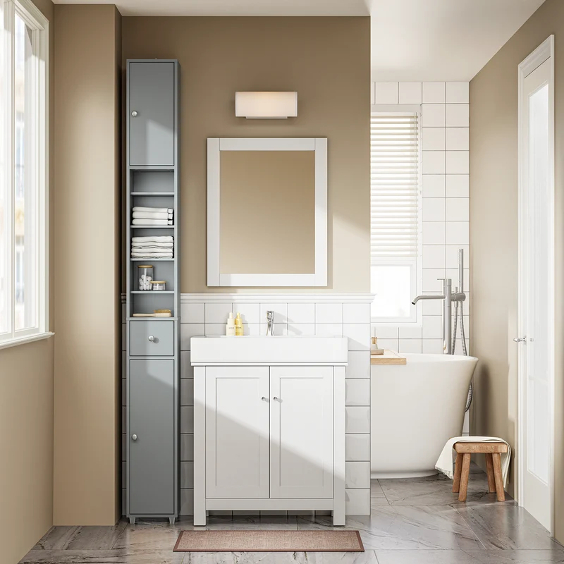 SoBuy BZR34-II-HG Kapea 20 cm Kylpyhuonekaappi – Vetolaatikolla ja Säädettävillä Hyllyillä | Kapea Säilytyskaappi WC:hen ja Pieniin Tilohin, Harmaa, 20×20×180 cm