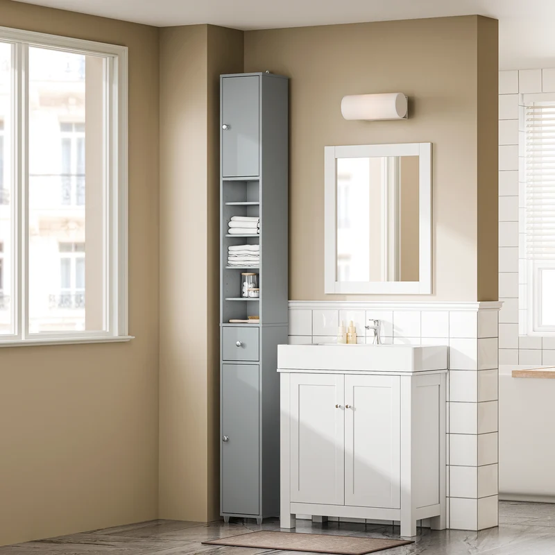 SoBuy BZR34-II-HG Kapea 20 cm Kylpyhuonekaappi – Vetolaatikolla ja Säädettävillä Hyllyillä | Kapea Säilytyskaappi WC:hen ja Pieniin Tilohin, Harmaa, 20×20×180 cm