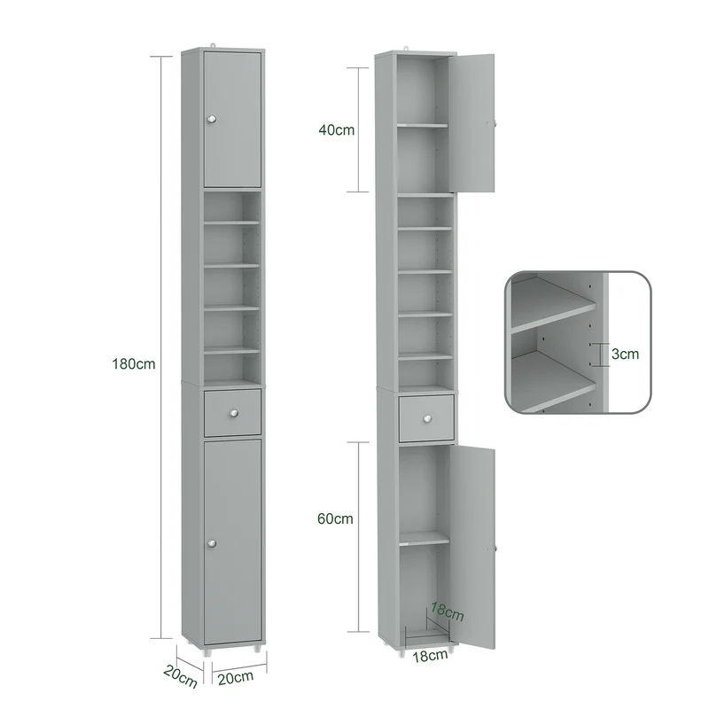 SoBuy BZR34-II-HG Kapea 20 cm Kylpyhuonekaappi – Vetolaatikolla ja Säädettävillä Hyllyillä | Kapea Säilytyskaappi WC:hen ja Pieniin Tilohin, Harmaa, 20×20×180 cm
