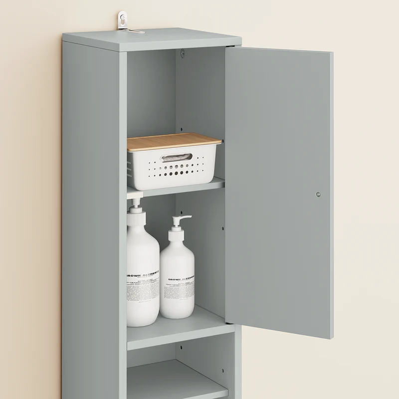 SoBuy BZR34-II-HG Kapea 20 cm Kylpyhuonekaappi – Vetolaatikolla ja Säädettävillä Hyllyillä | Kapea Säilytyskaappi WC:hen ja Pieniin Tilohin, Harmaa, 20×20×180 cm
