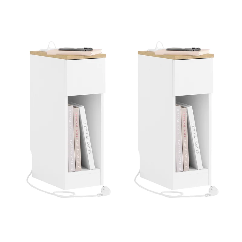 SoBuy | 2er Set Nachttisch schmal mit Ladestation | Weiß-Natur | 20x60x35cm | FBT111-E-WNx2