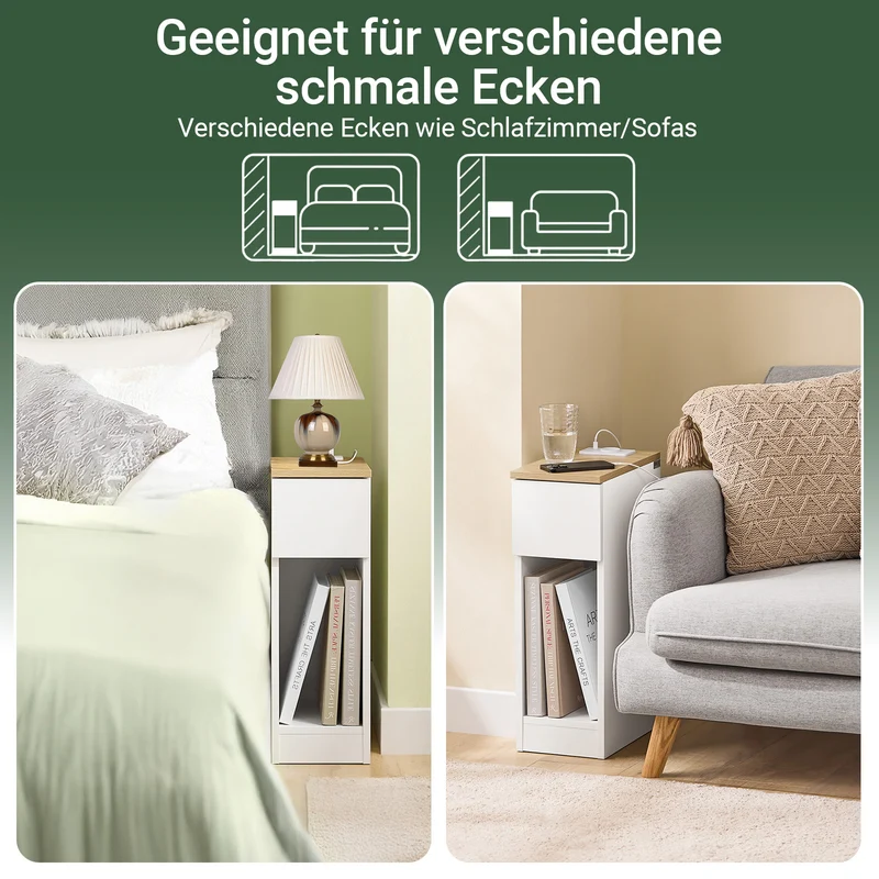 SoBuy | Nachttisch schmal | mit Mehrfachsteckdosen | Weiß-Natur | 20x60x35cm | FBT111-E-WN