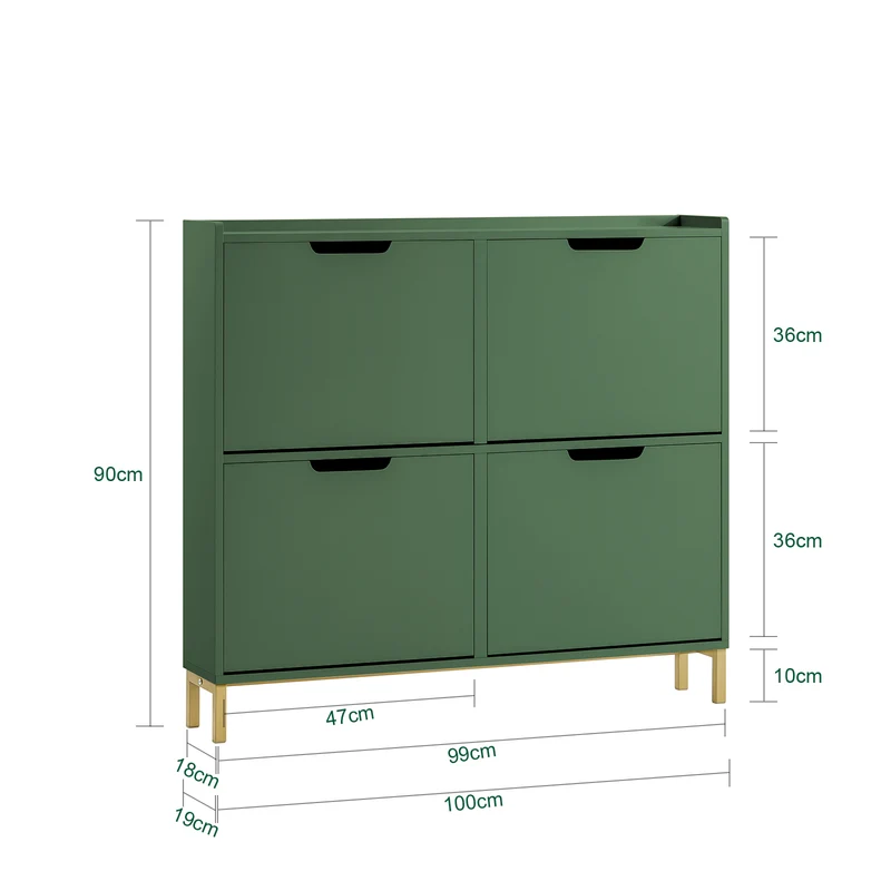 SoBuy FSR100-SY Kapea Kenkäkaappi 4 Läpällä – Vain 19 cm Syvä, Seinäkiinnike, Enimmäiskuormitus 60 kg, L100 × S19 × K90 cm, Tummanvihreä