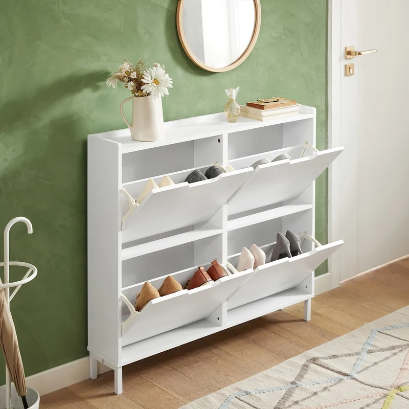 SoBuy FSR100-W Kapea Kenkäkaappi 4 Ovella – Vain 19 cm Syvä, Seinäkiinnike, Enimmäiskuormitus 60 kg, L100 × S19 × K91 cm, Valkoinen