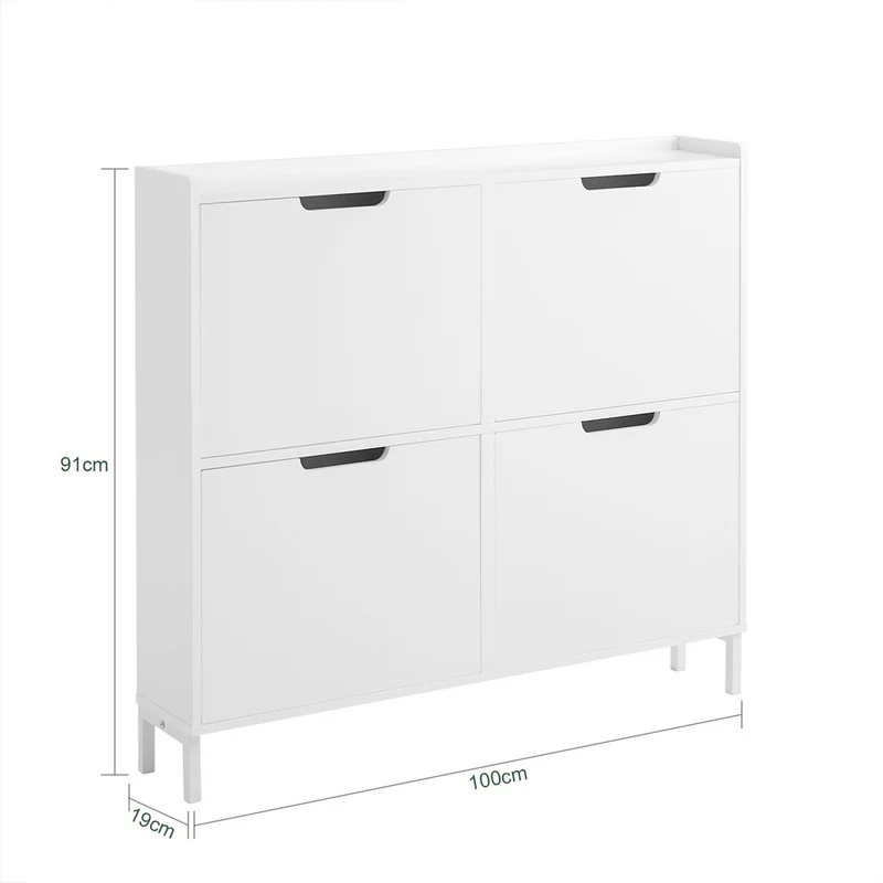 SoBuy FSR100-W Kapea Kenkäkaappi 4 Ovella – Vain 19 cm Syvä, Seinäkiinnike, Enimmäiskuormitus 60 kg, L100 × S19 × K91 cm, Valkoinen