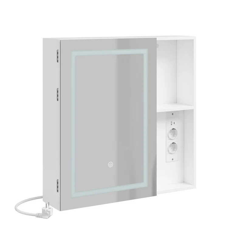 SoBuy | Szafka lustrzana do łazienki z oświetleniem LED | Szafka z lustrem i gniazdkiem | Wisząca szafka łazienkowa 1-drzwiowa biała | 60×15.5×60 cm | Nośność 25 kg | BZR239-E-W