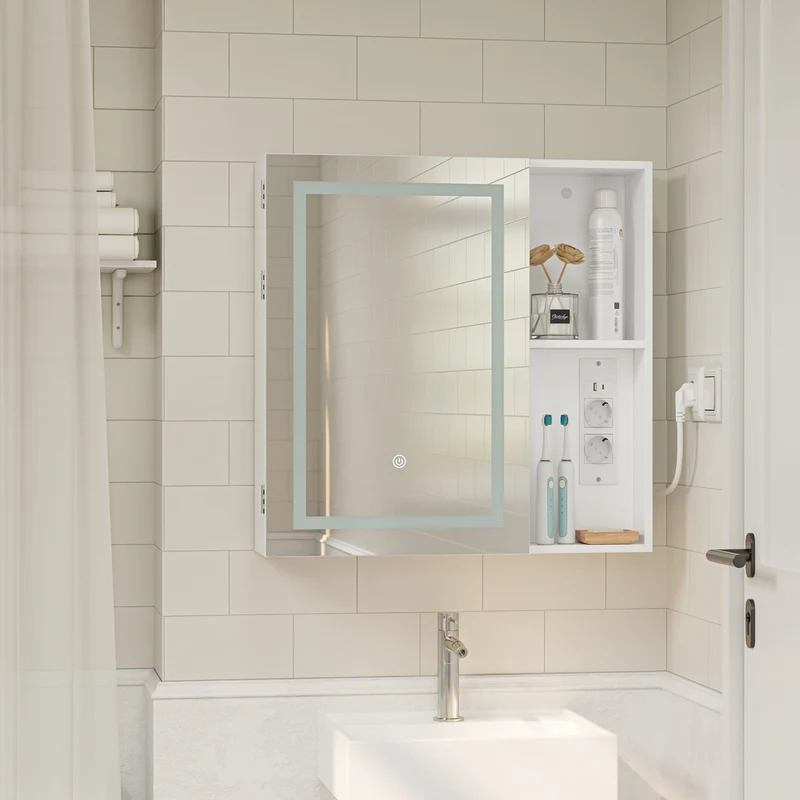 SoBuy | Szafka lustrzana do łazienki z oświetleniem LED | Szafka z lustrem i gniazdkiem | Wisząca szafka łazienkowa 1-drzwiowa biała | 60×15.5×60 cm | Nośność 25 kg | BZR239-E-W