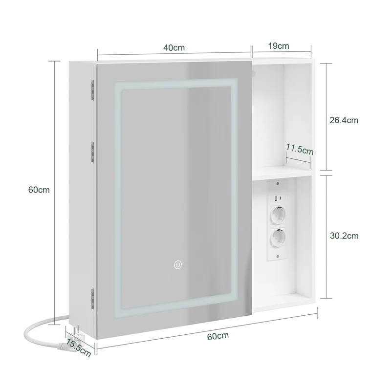 SoBuy | Szafka lustrzana do łazienki z oświetleniem LED | Szafka z lustrem i gniazdkiem | Wisząca szafka łazienkowa 1-drzwiowa biała | 60×15.5×60 cm | Nośność 25 kg | BZR239-E-W