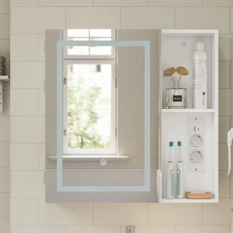 SoBuy | Szafka lustrzana do łazienki z oświetleniem LED | Szafka z lustrem i gniazdkiem | Wisząca szafka łazienkowa 1-drzwiowa biała | 60×15.5×60 cm | Nośność 25 kg | BZR239-E-W