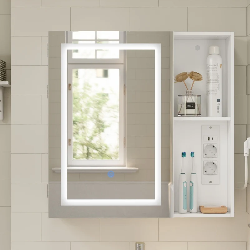 SoBuy | Szafka lustrzana do łazienki z oświetleniem LED | Szafka z lustrem i gniazdkiem | Wisząca szafka łazienkowa 1-drzwiowa biała | 60×15.5×60 cm | Nośność 25 kg | BZR239-E-W