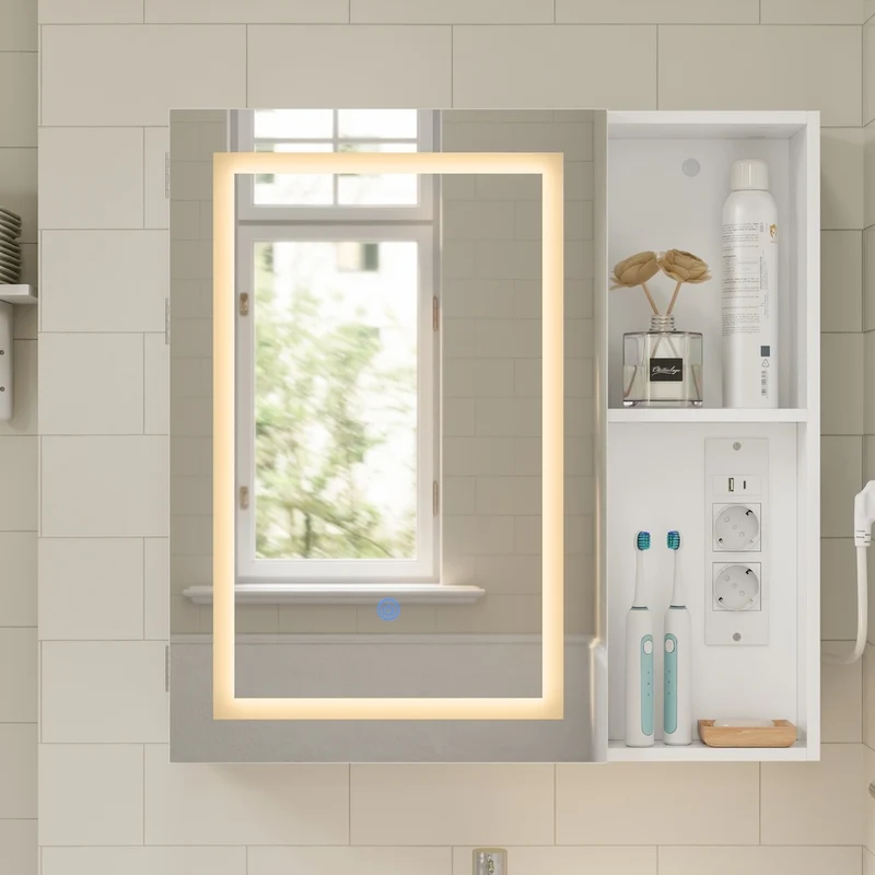 SoBuy | Szafka lustrzana do łazienki z oświetleniem LED | Szafka z lustrem i gniazdkiem | Wisząca szafka łazienkowa 1-drzwiowa biała | 60×15.5×60 cm | Nośność 25 kg | BZR239-E-W
