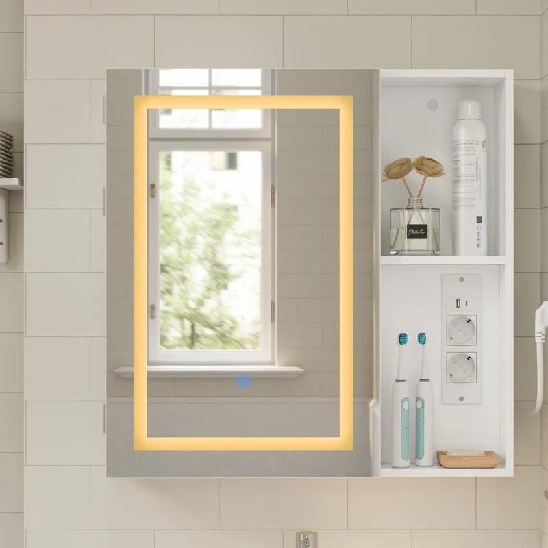 SoBuy | Szafka lustrzana do łazienki z oświetleniem LED | Szafka z lustrem i gniazdkiem | Wisząca szafka łazienkowa 1-drzwiowa biała | 60×15.5×60 cm | Nośność 25 kg | BZR239-E-W