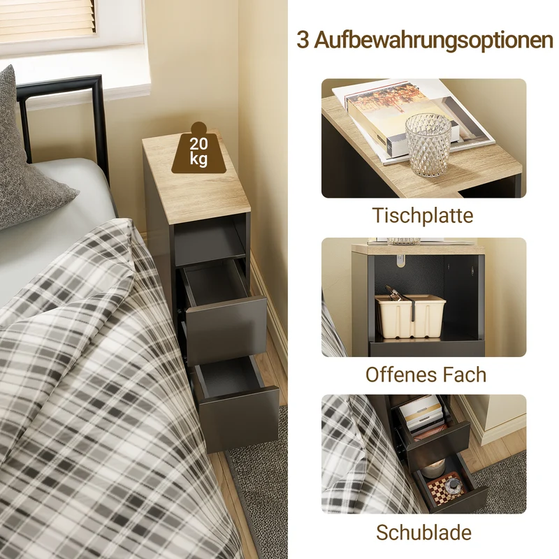 Vorverkauf | SoBuy Nachttisch schmal 20cm breit mit 2 Schubladen | Beistelltisch Schwarz 60x35cm FBT149-SCH