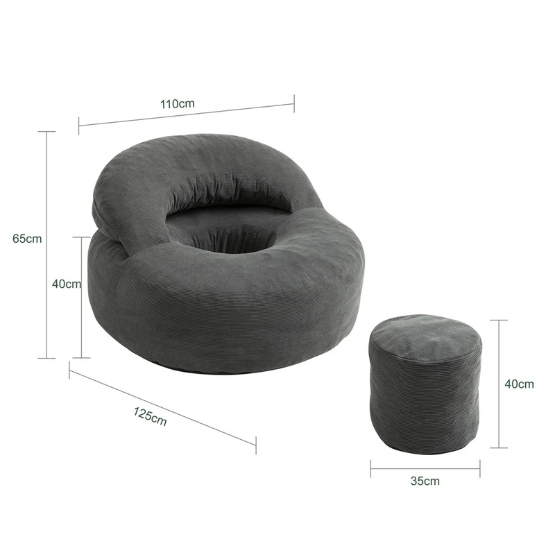 SoBuy | Nowoczesny fotel wypoczynkowy sztruksowy z pufą | Fotel kokon z podnóżkiem do salonu | 110×125×65 cm | Nośność 113 kg | FST100-DG