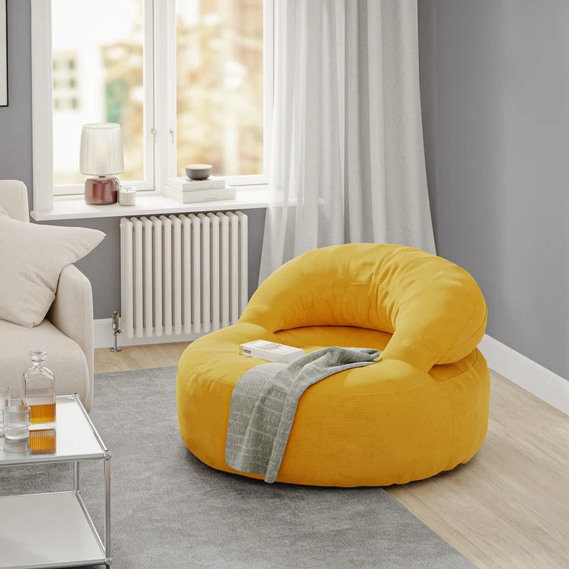 SoBuy | Fotel wypoczynkowy z podnóżkiem | Sztruksowy fotel do salonu | Żółty fotel worek z oparciem | 110×125×65 cm | Nośność 113 kg | FST100-Y