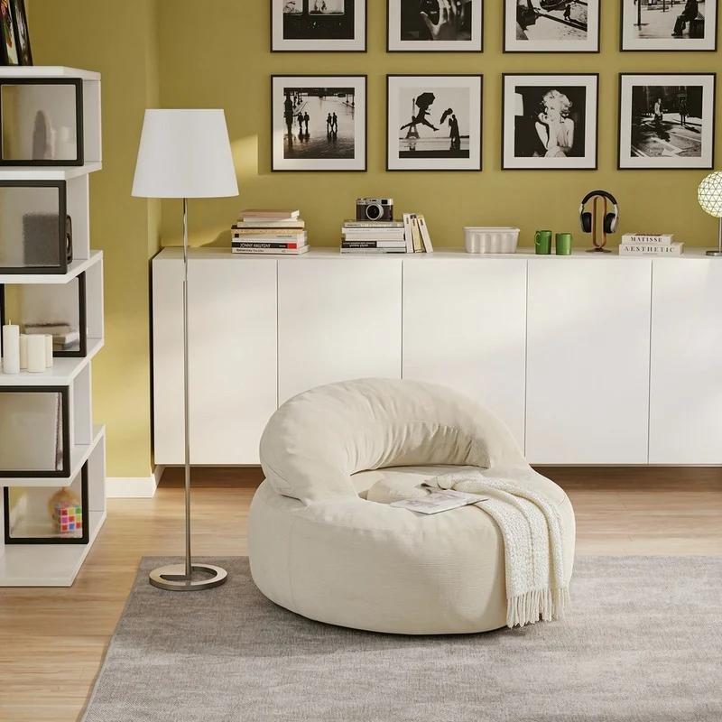 SoBuy | Fotel Wypoczynkowy Rozkładany ze Sztruksu do Salonu + Pufa Podnóżek | Beżowy Kremowy | 110×125×65 cm | Nośność 113 kg | FST100-MI