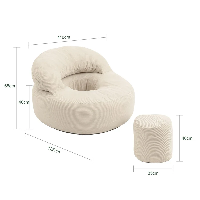 SoBuy | Fotel Wypoczynkowy Rozkładany ze Sztruksu do Salonu + Pufa Podnóżek | Beżowy Kremowy | 110×125×65 cm | Nośność 113 kg | FST100-MI