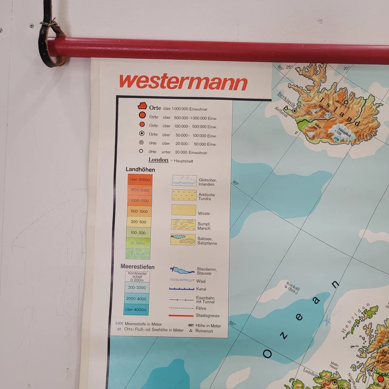 Vintage Schulwandkarte Europa physisch – Lehrtafel Rollbild Wanddeko