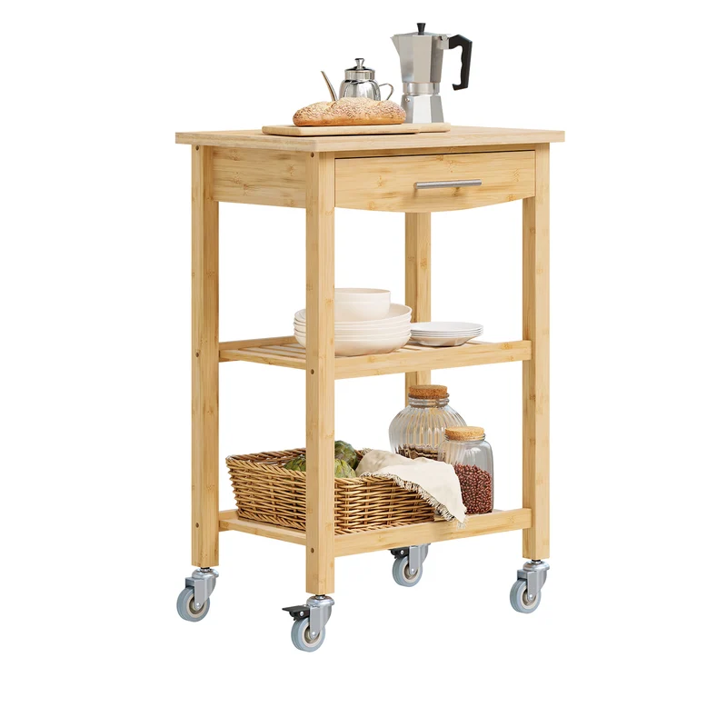 SoBuy FKW135-N Mobilny Wózek Kuchenny na Kółkach z Szufladą i Półkami, Przesuwany Wózek do Przechowywania z Blatem Roboczym, Kolor Naturalny, 58x40x86 cm