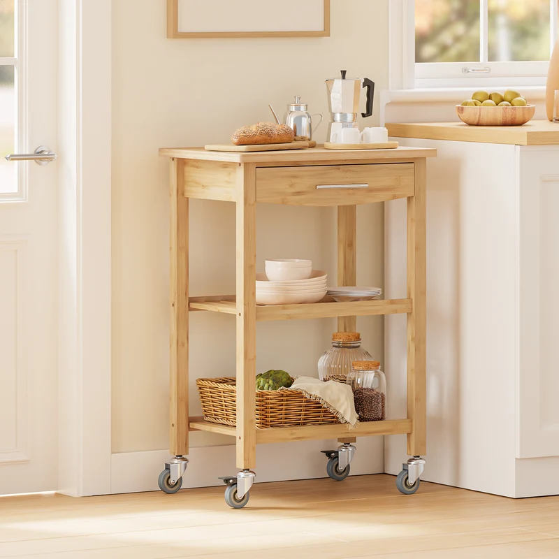 SoBuy FKW135-N Mobilny Wózek Kuchenny na Kółkach z Szufladą i Półkami, Przesuwany Wózek do Przechowywania z Blatem Roboczym, Kolor Naturalny, 58x40x86 cm
