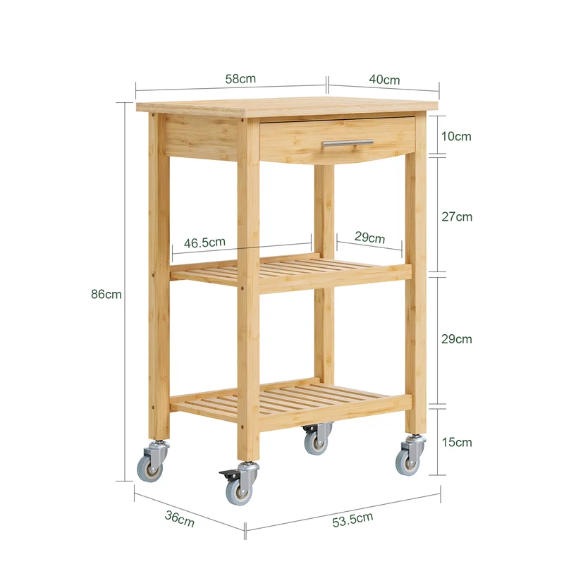 SoBuy FKW135-N Mobilny Wózek Kuchenny na Kółkach z Szufladą i Półkami, Przesuwany Wózek do Przechowywania z Blatem Roboczym, Kolor Naturalny, 58x40x86 cm