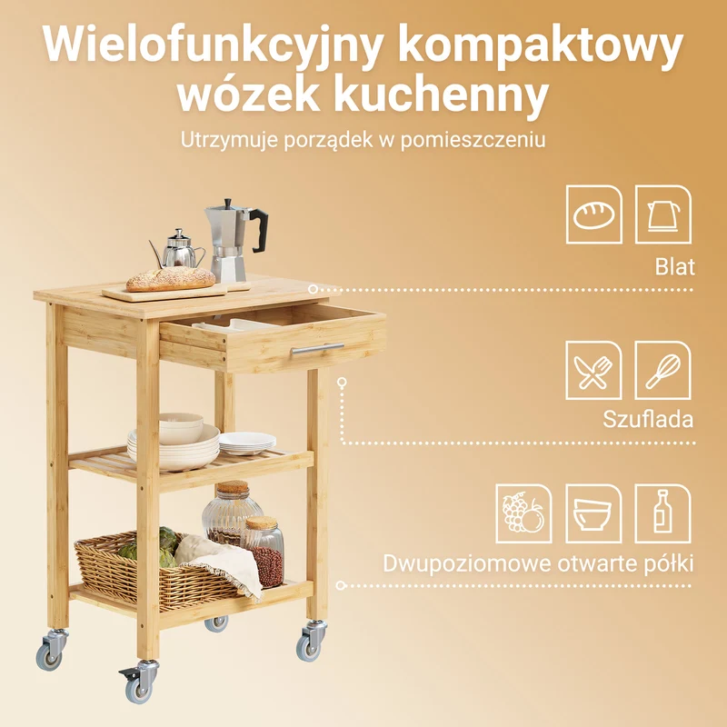 SoBuy FKW135-N Mobilny Wózek Kuchenny na Kółkach z Szufladą i Półkami, Przesuwany Wózek do Przechowywania z Blatem Roboczym, Kolor Naturalny, 58x40x86 cm