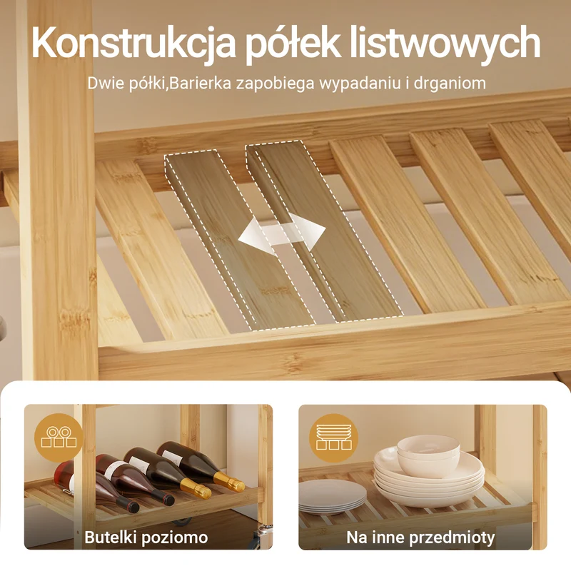 SoBuy FKW135-N Mobilny Wózek Kuchenny na Kółkach z Szufladą i Półkami, Przesuwany Wózek do Przechowywania z Blatem Roboczym, Kolor Naturalny, 58x40x86 cm