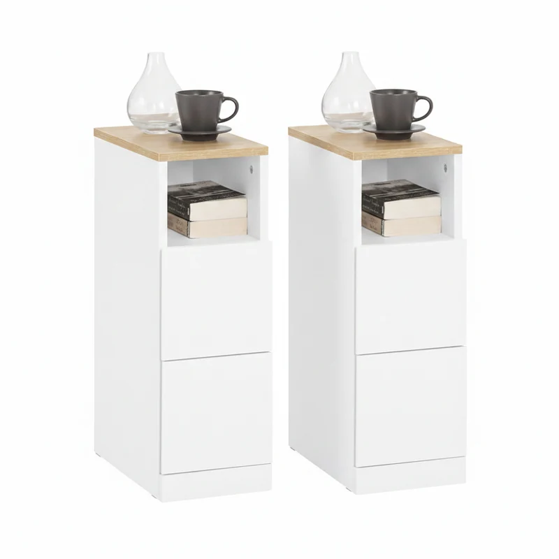 SoBuy | Nachttisch schmal 2er Set | Beistelltisch | mit 2 Schubladen Weiß | 20cm | FBT149-WNx2