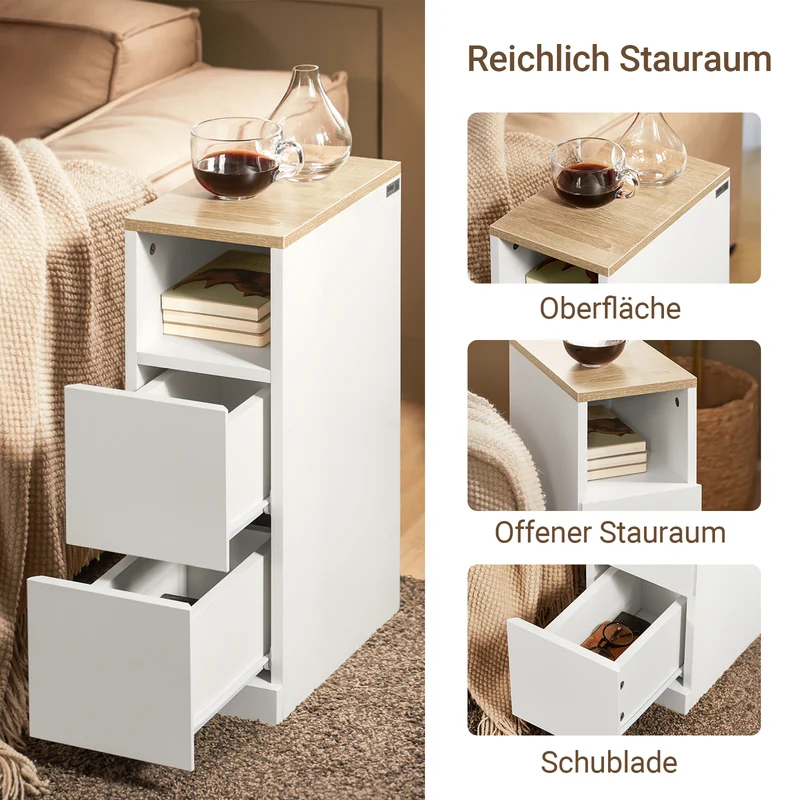 SoBuy Nachttisch schmal Beistelltisch mit 2 Schubladen und Ablage Weiß 20x35x60 cm FBT149-WN