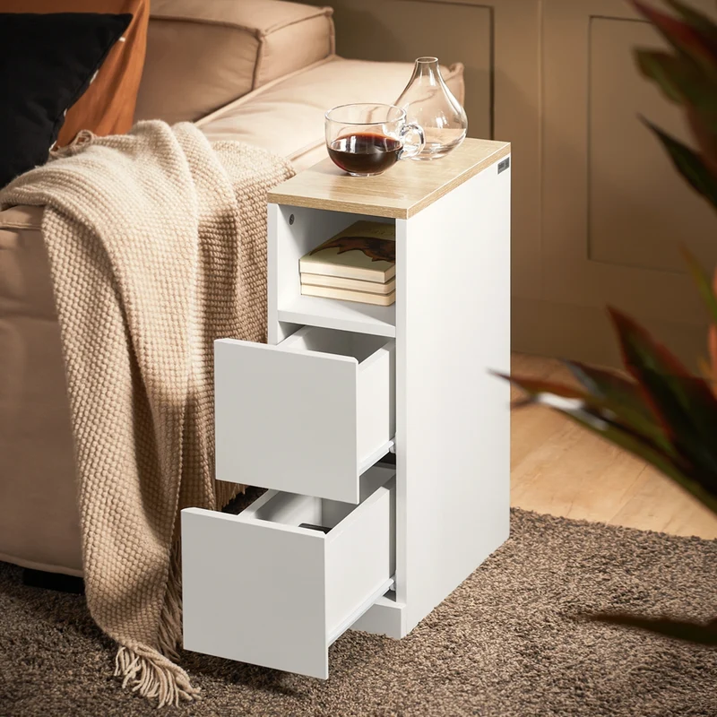 SoBuy Nachttisch schmal Beistelltisch mit 2 Schubladen und Ablage Weiß 20x35x60 cm FBT149-WN