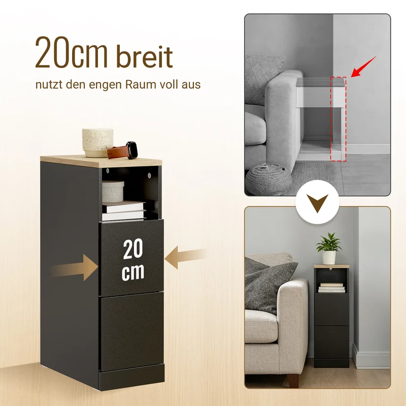 Vorverkauf SoBuy Nachttisch schmal 20cm breit mit 2 Schubladen | Beistelltisch Schwarz 60x35cm FBT149-SCH