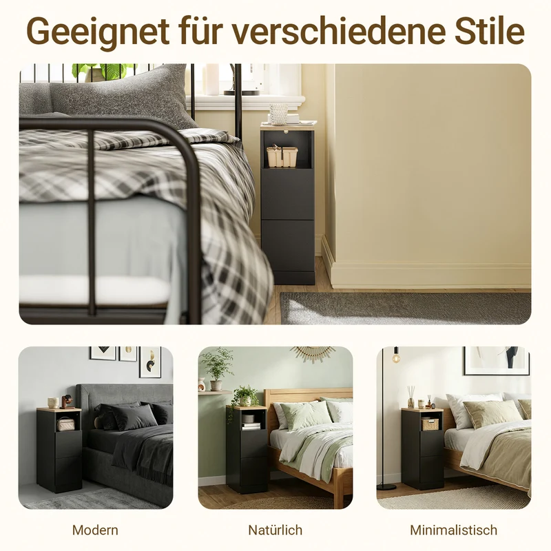 Vorverkauf SoBuy Nachttisch schmal 20cm breit mit 2 Schubladen | Beistelltisch Schwarz 60x35cm FBT149-SCH
