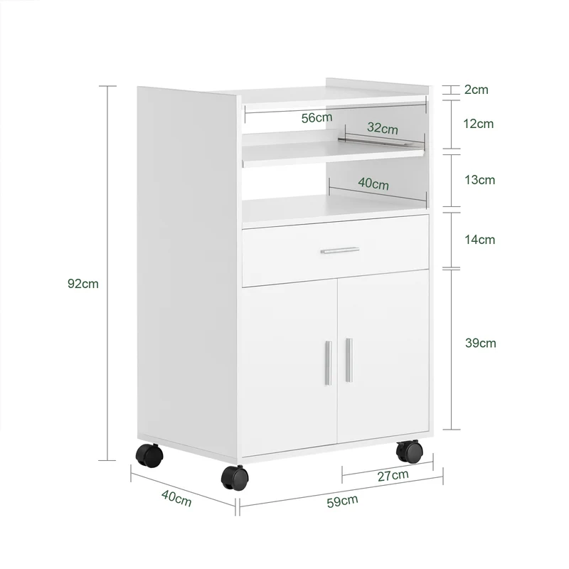 SoBuy FSB09-W Keittiövaunu Pyörillä – Ulosvedettävä Lisätyötaso, Mikroaaltouuniteline, 40 × 59 × 92 cm, Valkoinen