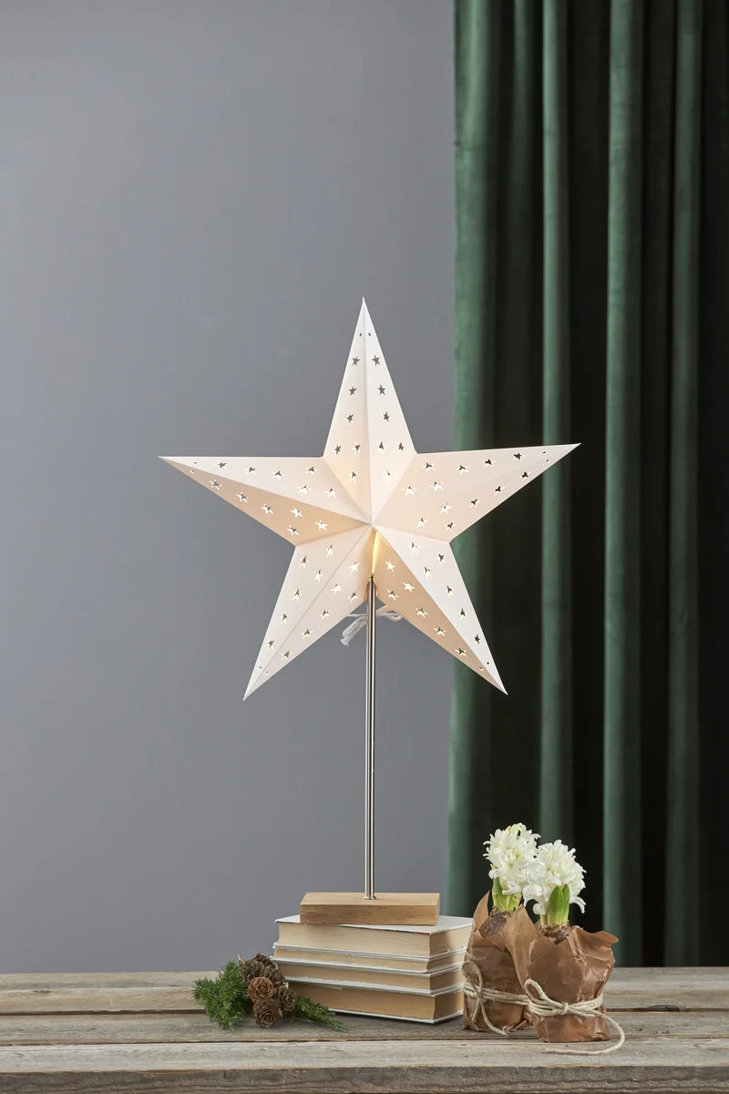 Star Trading Standleuchte "Combi-Pack" Material: Metall/Holz/Papier, Farbe: creme/eiche oder creme/weiß, ca. 65x43 cm (Stern), ca. 52,5x20 cm (Lampe), Vierfarb-Karton