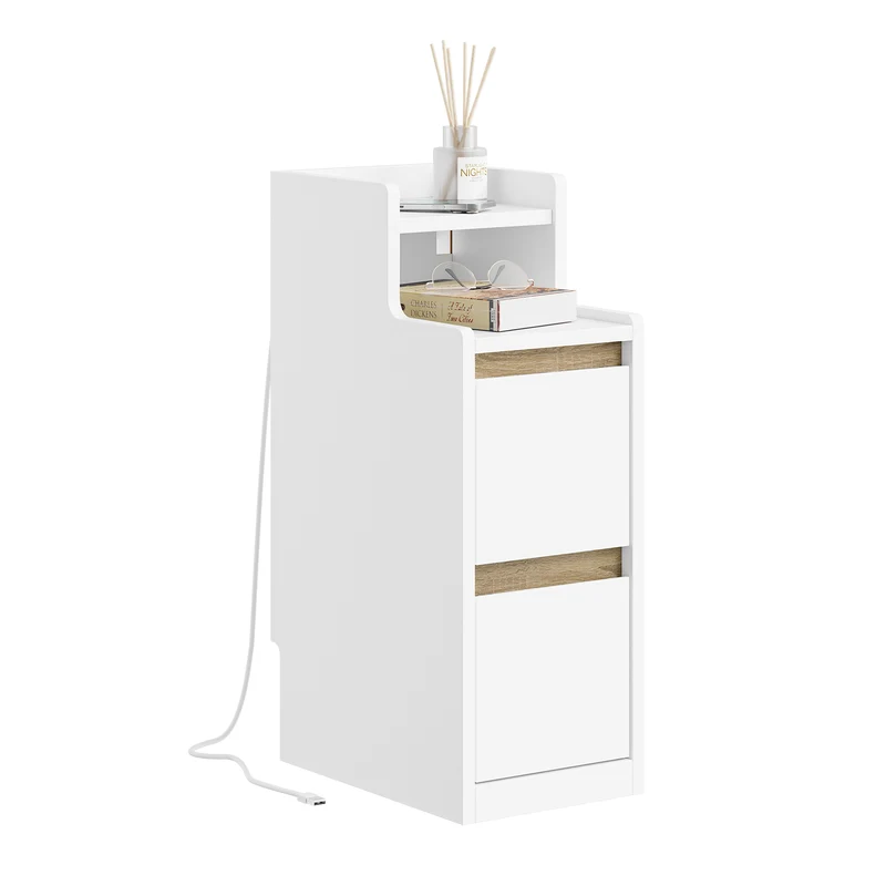 SoBuy Nachttisch schmal mit Mehrfachsteckdosen | Weiß-Natur 22x60x34cm | FBT178-E-WN