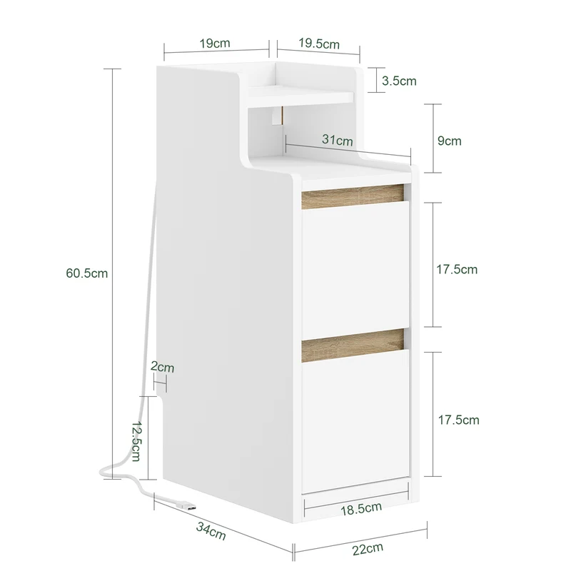 SoBuy Nachttisch schmal mit Mehrfachsteckdosen | Weiß-Natur 22x60x34cm | FBT178-E-WN