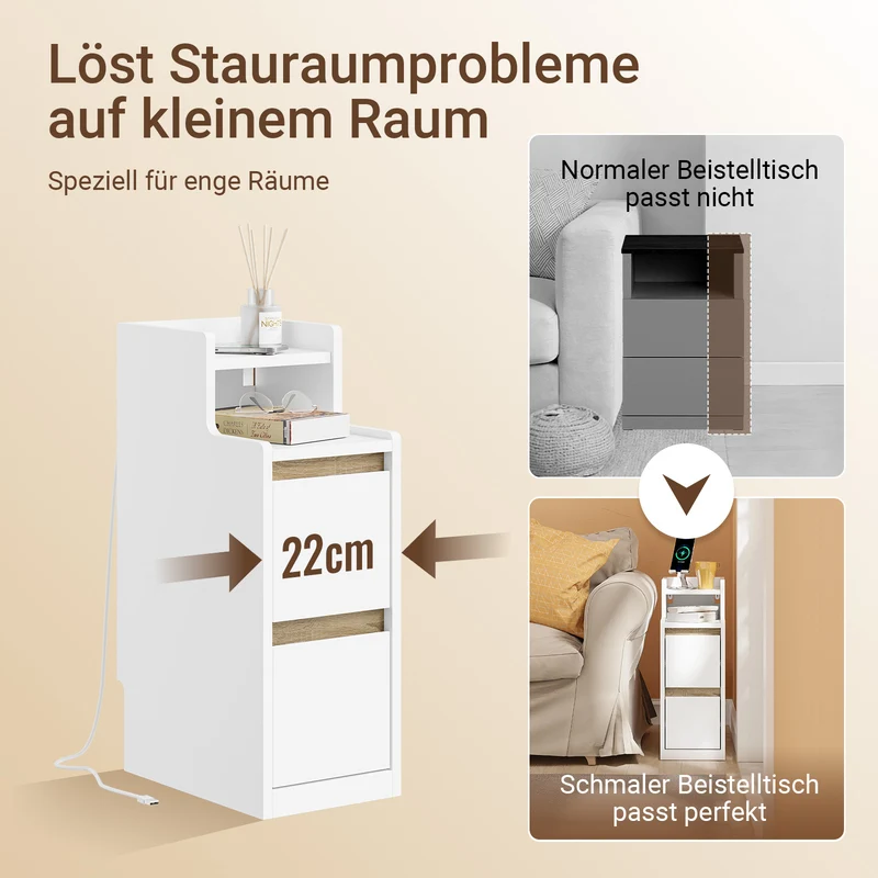 SoBuy Nachttisch schmal mit Mehrfachsteckdosen | Weiß-Natur 22x60x34cm | FBT178-E-WN