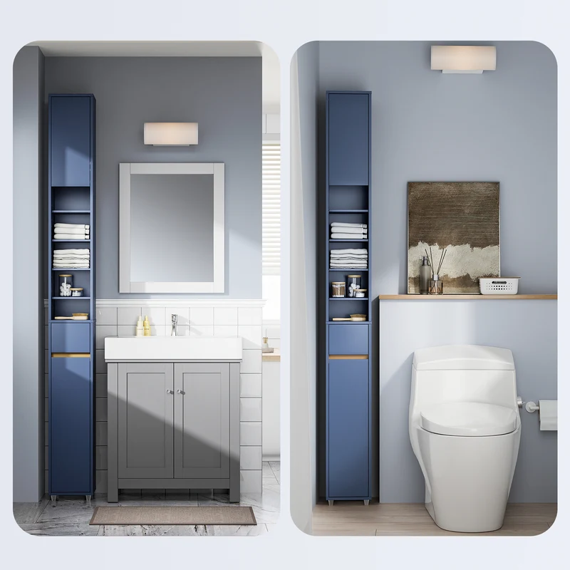 SoBuy BZR34-II-B Kylpyhuoneen Kapea Kaappi 20 cm – Säilytyskaappi Laatikoilla ja Säädettävillä Hyllyillä – Kompakti Kylpyhuonekaluste WC:hen ja Pieniin Tilohin, MDF Sininen, 20x20x180 cm