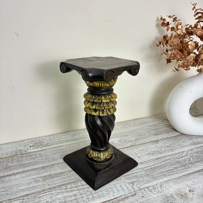 Vintage Säule Podest Blumenständer Holz Geschnitzt Schwarz Gold Antik Gebraucht